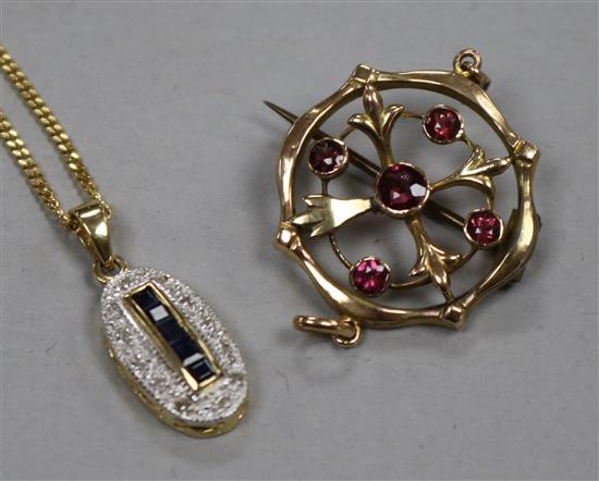 A 9ct gold, sapphire and diamond oval pendant on a 9ct gold chain and a 9ct gold gem set brooch.